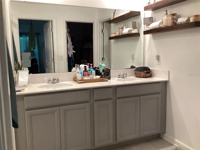 a bathroom with a sink and a mirror