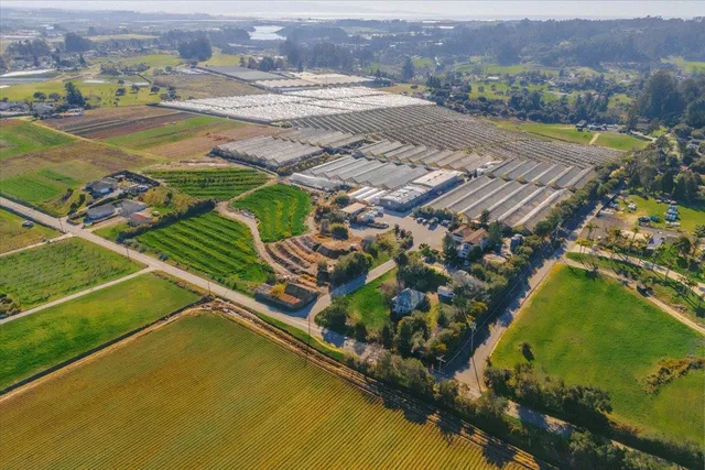 an aerial view of residential houses with outdoor space and river