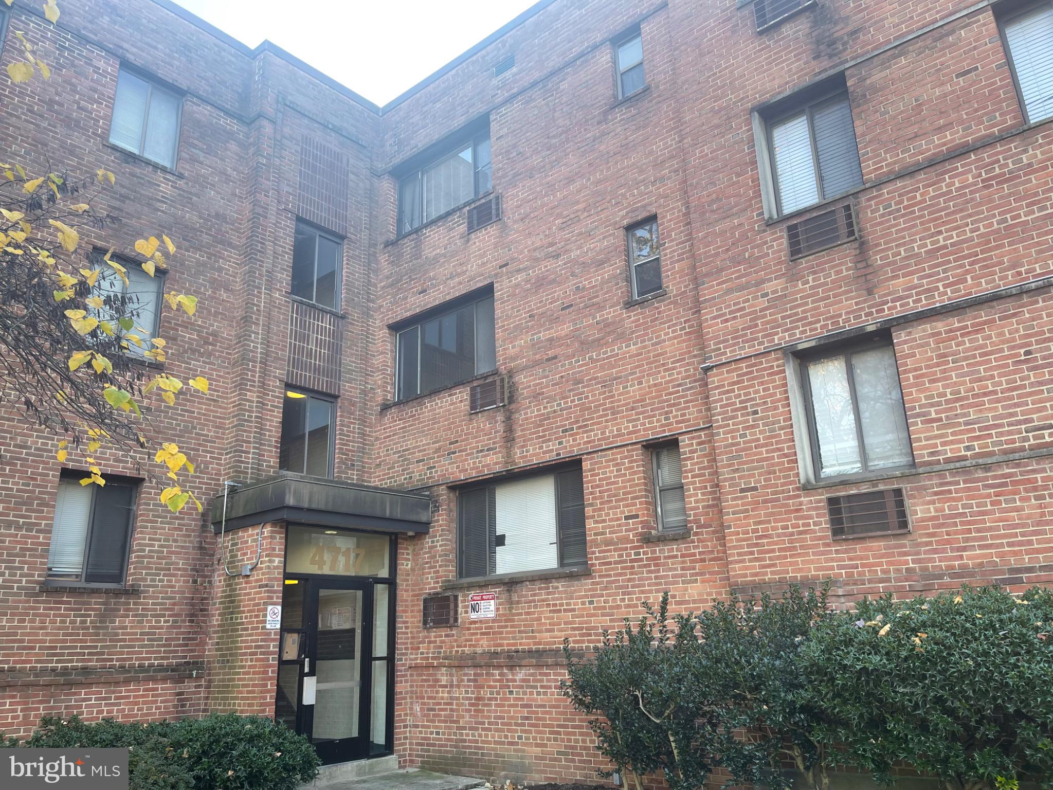 a front view of a brick building