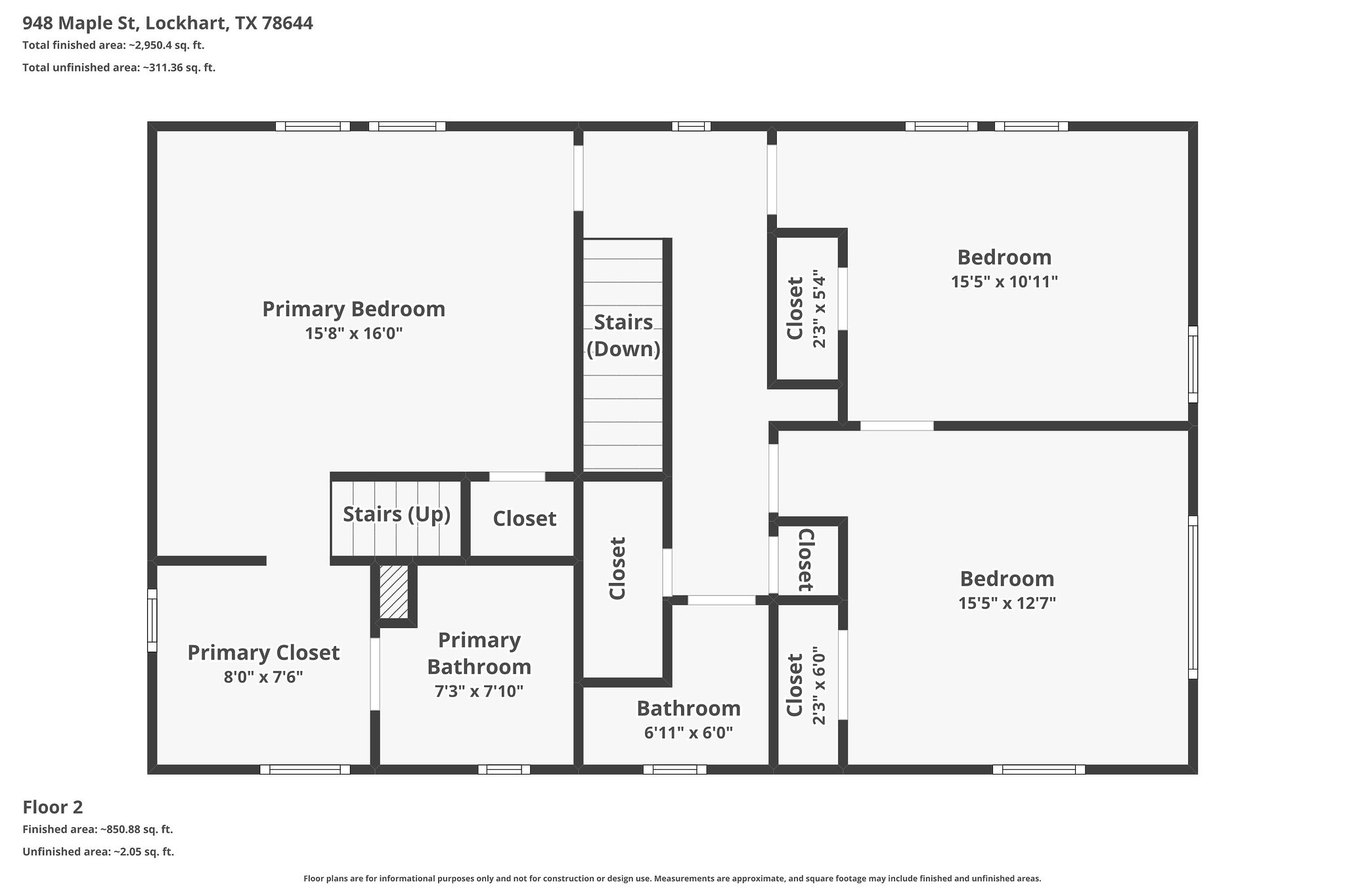 948 Maple Street Lockhart, TX 78644 - Photo 38 of 40 A clear, detailed floor plan outlining the second level's functional layout and room dimensions.