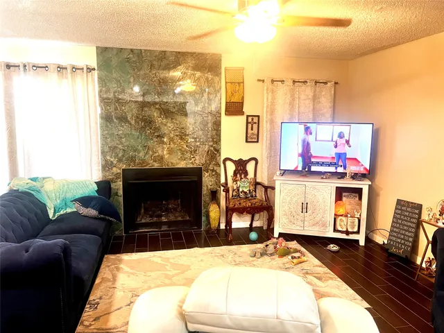 a living room with furniture a flat screen tv and a fireplace