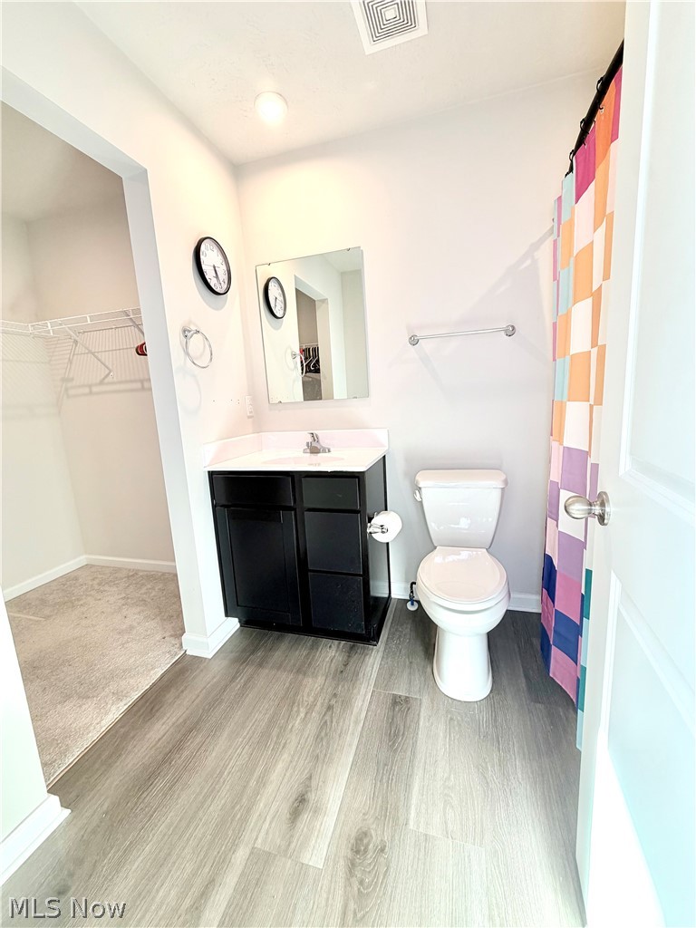 153 Raintree Lane Painesville, OH 44077 - Photo 9 of 13 Full bath featuring vanity, curtained shower, a walk in closet, and light wood-style flooring