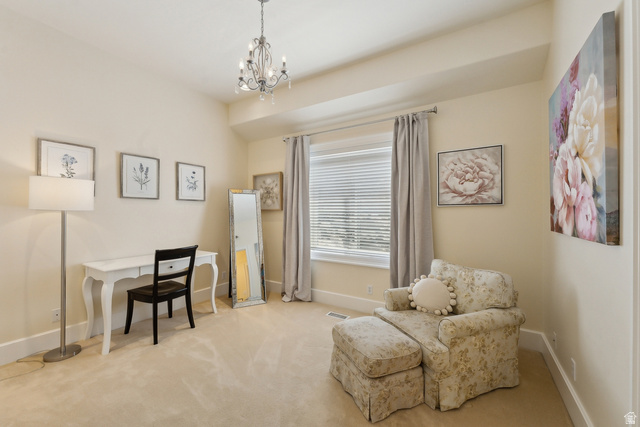 1714 Ridge Point Drive Bountiful, UT 84010 - Photo 54 of 132 Recessed lighting, chandelier, window with blinds, light-colored carpeting, and light-colored walls