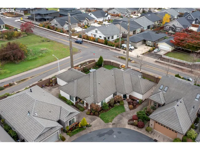 an aerial view of a house with a garden