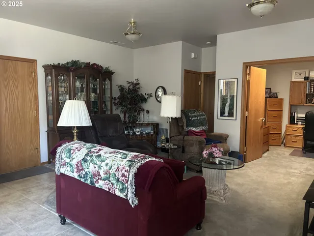 a living room with furniture flowers and a chandelier