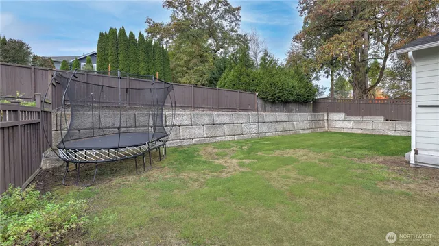 a view of a backyard with a small cabin and a chair