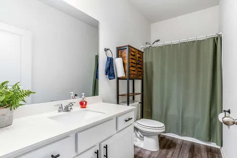 a bathroom with a sink a toilet and shower