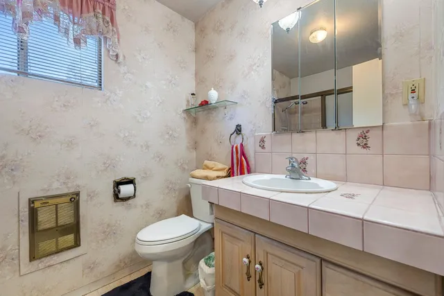 a bathroom with a sink a toilet and mirror