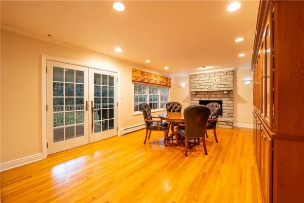 a view of a dining room with furniture window and outside view
