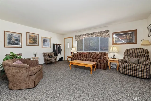 a living room with furniture a fireplace and a large window