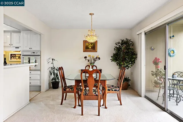 a dining room with furniture potted plants and wooden floor
