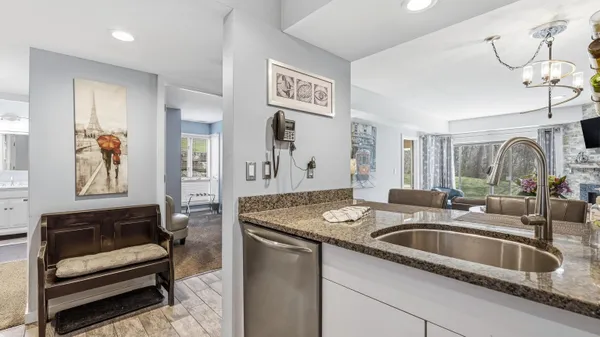 a kitchen with refrigerator and countertop