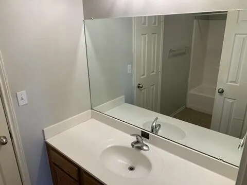a bathroom with a sink and a mirror