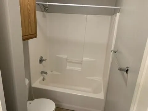a bathroom with a shower and a toilet
