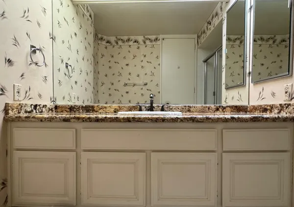 a bathroom with a sink and mirror