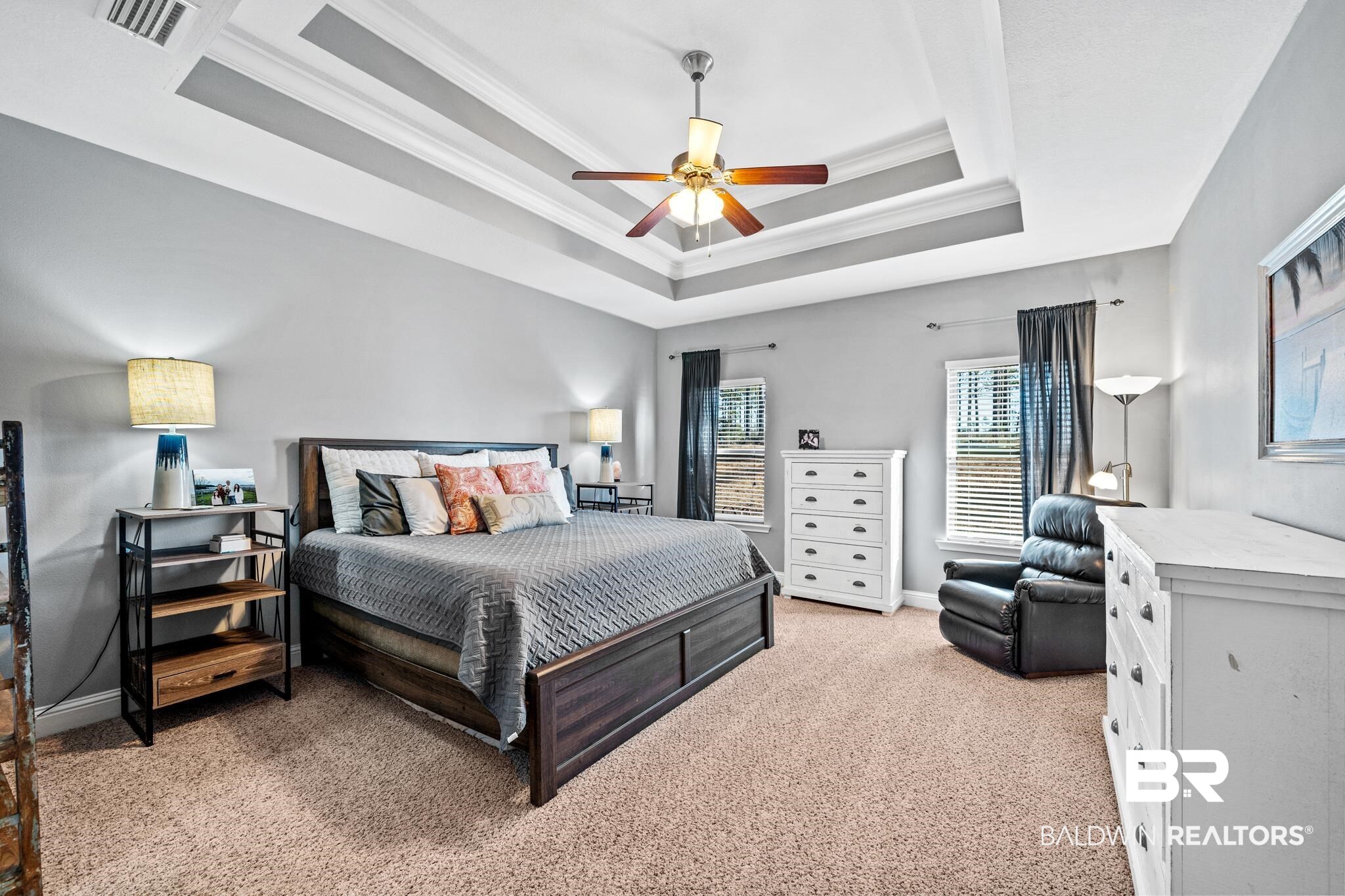 31472 Hoot Owl Road Daphne, AL 36527 - Photo 18 of 32 Carpeted bedroom featuring a tray ceiling, ceiling fan, and ornamental molding