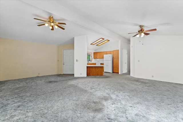 a view of a livingroom with a projector and a chandelier