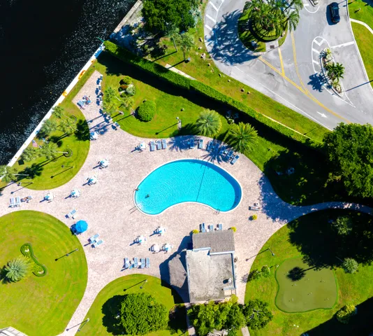 an aerial view of a swimming pool