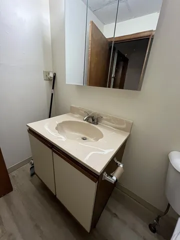 a bathroom with a sink and a mirror