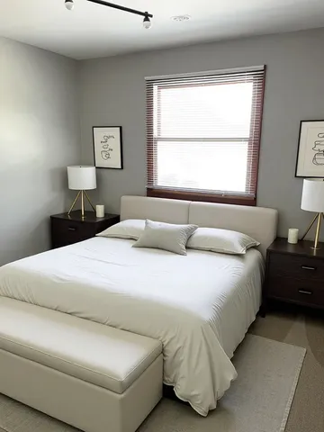 a bedroom with a bed and a window