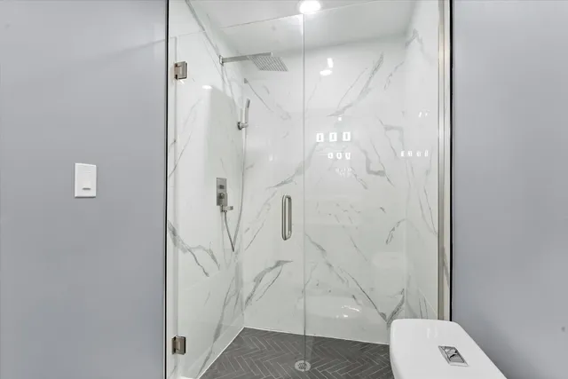 a bathroom with a shower and a toilet