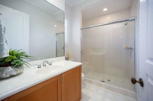 a bathroom with a shower sink vanity and shower