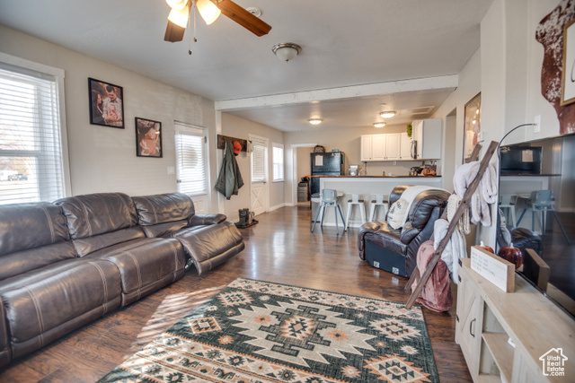 410 North Main Street Beaver, UT 84713 - Photo 18 of 31 Living room with ceiling fan, a healthy amount of sunlight, and dark hardwood / wood-style floors
