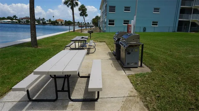 a view of a park with plants and large trees