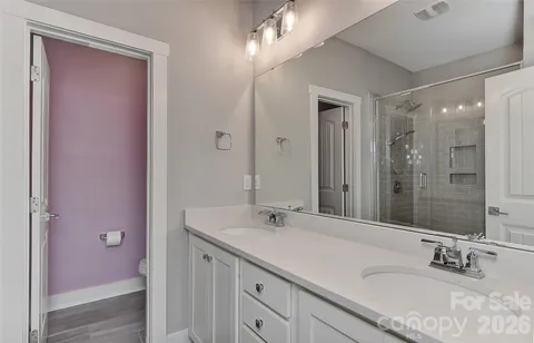 a bathroom with a bathtub shower sink vanity and toilet