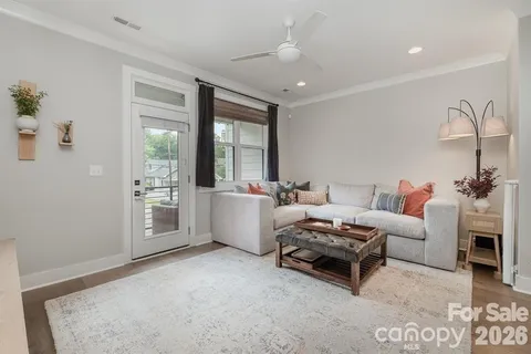 a living room with furniture and a potted plant