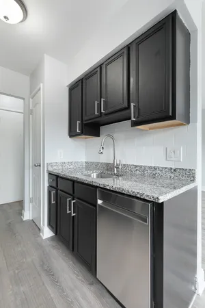 a kitchen with granite countertop cabinets sink and stainless steel appliances