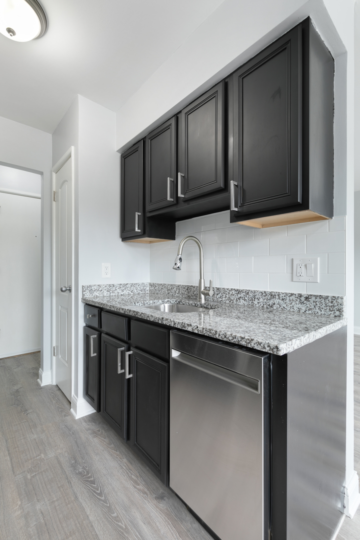 6826 North Ridge Boulevard, Unit 404 Chicago, IL 60645 - Photo 6 of 17 a kitchen with granite countertop cabinets sink and stainless steel appliances