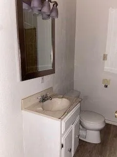 a bathroom with a granite countertop toilet sink and mirror