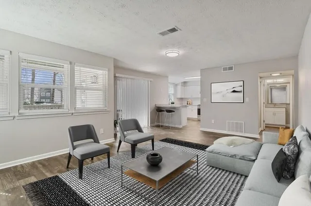 a living room with furniture a rug and a window