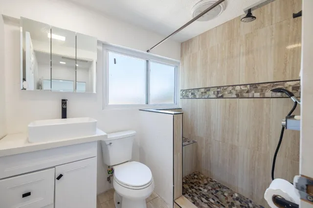 a bathroom with a sink a toilet and shower