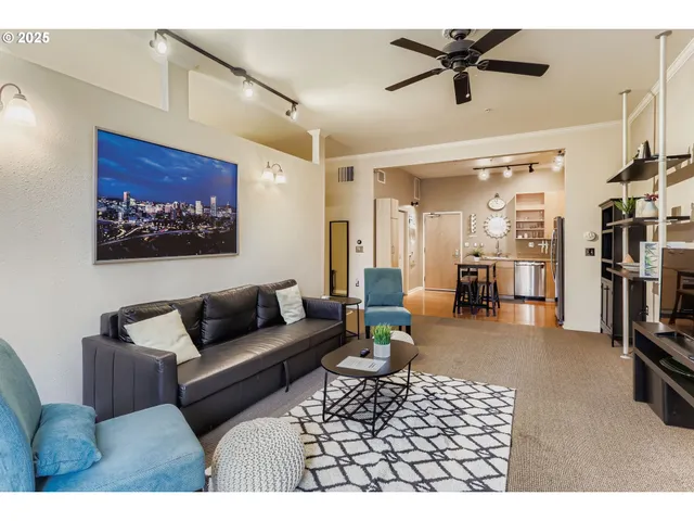 a living room with furniture a ceiling fan and a rug