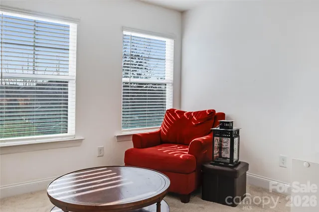 a living room with furniture a rug and a window