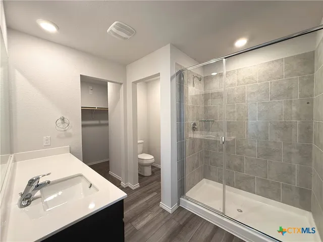 a bathroom with a sink a toilet and shower