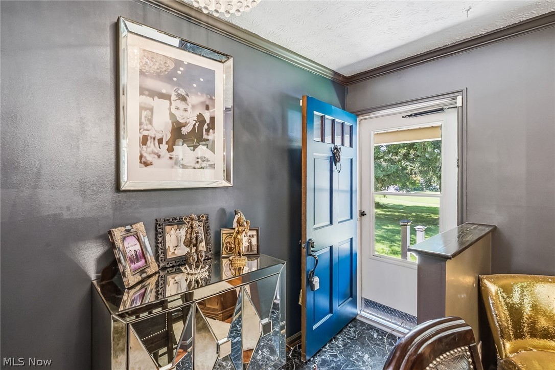 6890 Refugee Road Pickerington, OH 43147 - Photo 10 of 49 Entryway featuring a paneled blue door, storm door with integrated screen, dark-toned walls, and a patterned dark-toned floor