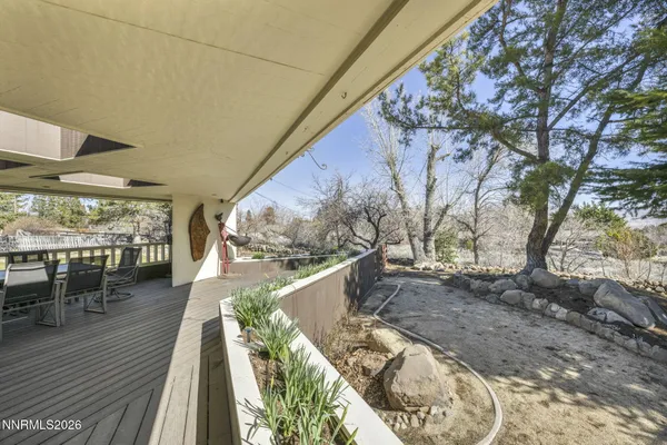 a view of a backyard with plants and a patio
