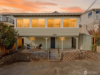 front view of a house with a patio