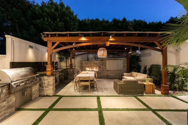 a outdoor space with tables and chairs