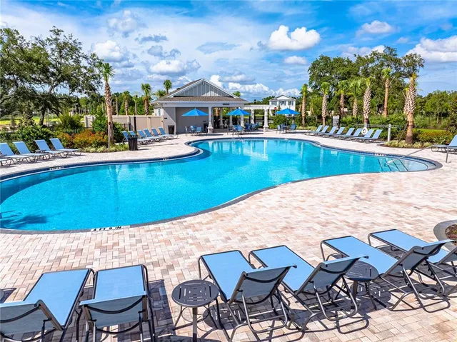 an aerial view of a swimming pool and outdoor space
