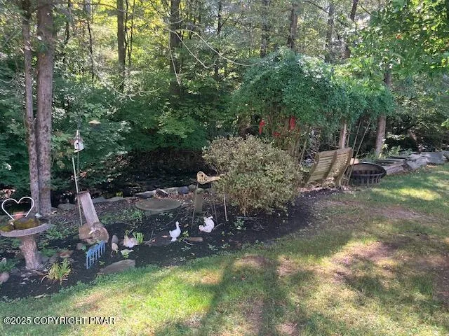 a view of a backyard with plants and outdoor seating