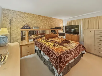 a bed room with a bed and a television