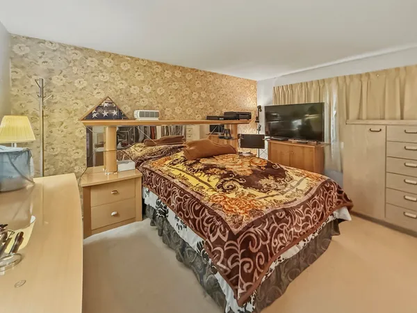 a bed room with a bed and a television