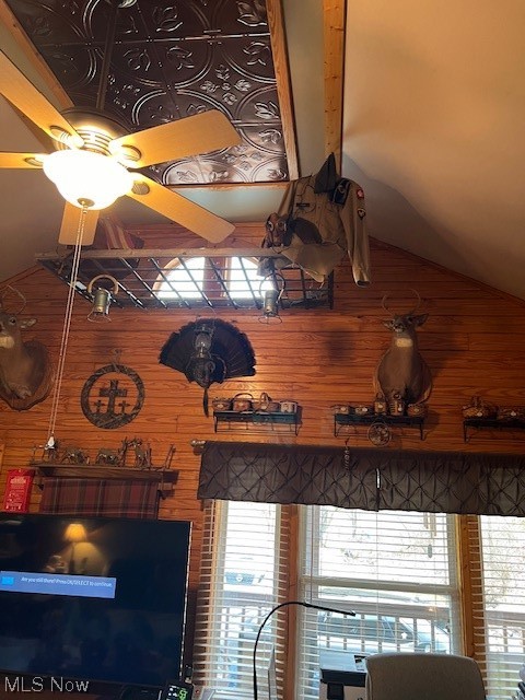2855 Long Run Road Cairo, WV 26337 - Photo 3 of 25 Details with beam ceiling, wood walls, and ceiling fan