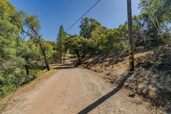 a view of a yard with wooden fence
