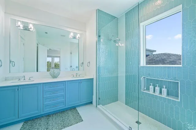 a view of a water with an outdoor space and seating