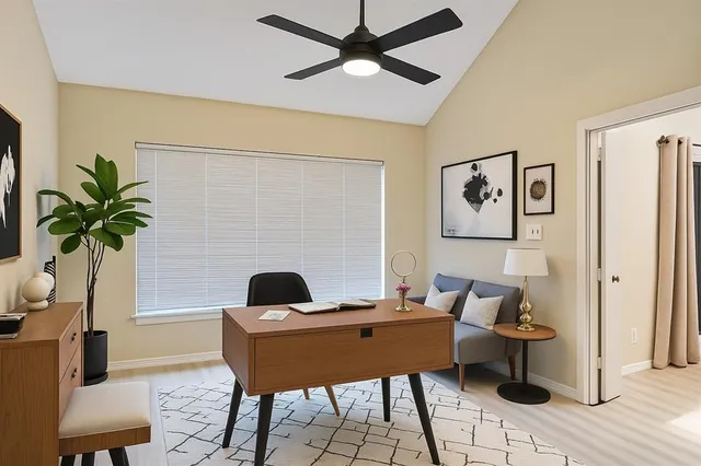 a living room with furniture and a potted plant